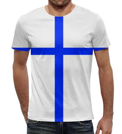 Заказать мужскую футболку в Москве. Футболка с полной запечаткой (мужская) Флаг Финляндии от Mister Lunatic - готовые дизайны и нанесение принтов.