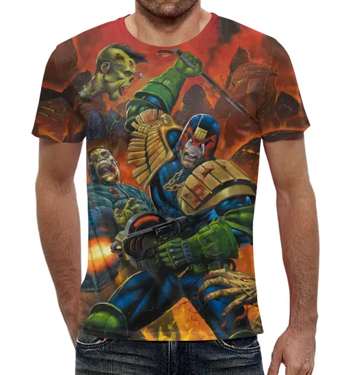 Заказать мужскую футболку в Москве. Футболка с полной запечаткой (мужская) Dredd vs Zombies от balden - готовые дизайны и нанесение принтов.