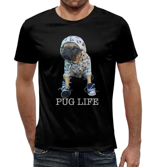 Заказать мужскую футболку в Москве. Футболка с полной запечаткой (мужская) Pug Life от ПРИНТЫ ПЕЧАТЬ  - готовые дизайны и нанесение принтов.