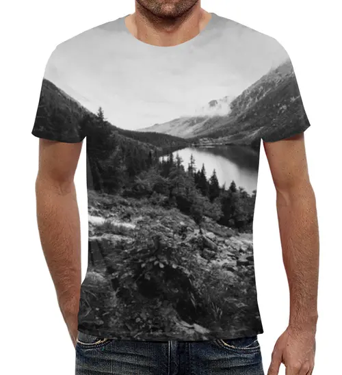 Заказать мужскую футболку в Москве. Футболка с полной запечаткой (мужская) Лес и горы от weeert - готовые дизайны и нанесение принтов.