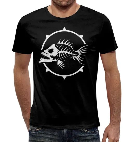 Заказать мужскую футболку в Москве. Футболка с полной запечаткой (мужская) Рыба скелет (1) от ПРИНТЫ ПЕЧАТЬ  - готовые дизайны и нанесение принтов.