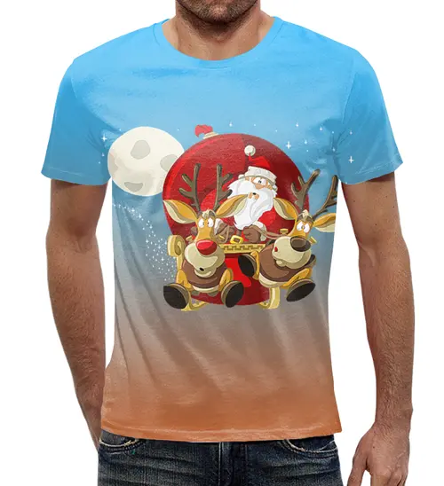 Заказать мужскую футболку в Москве. Футболка с полной запечаткой (мужская) Санта с оленями  от T-shirt print  - готовые дизайны и нанесение принтов.