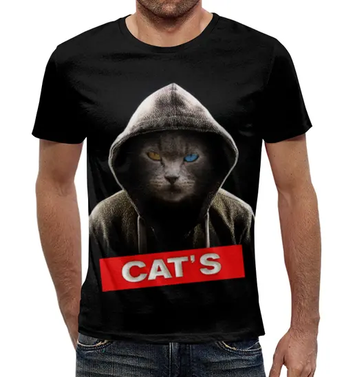 Заказать мужскую футболку в Москве. Футболка с полной запечаткой (мужская) Кот в капюшоне от weeert - готовые дизайны и нанесение принтов.