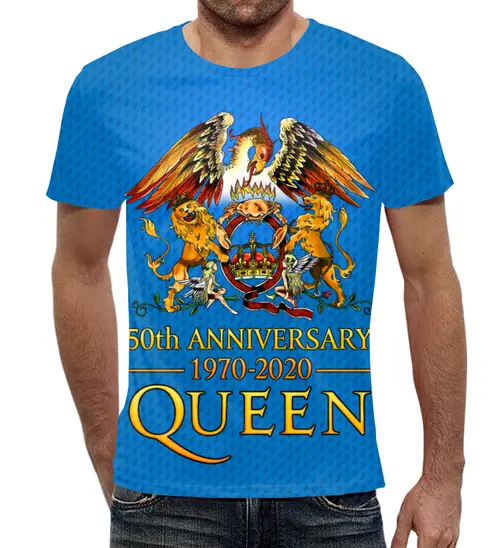 Заказать мужскую футболку в Москве. Футболка с полной запечаткой (мужская) Queen 50th Anniversary 1970-2020 от balden - готовые дизайны и нанесение принтов.