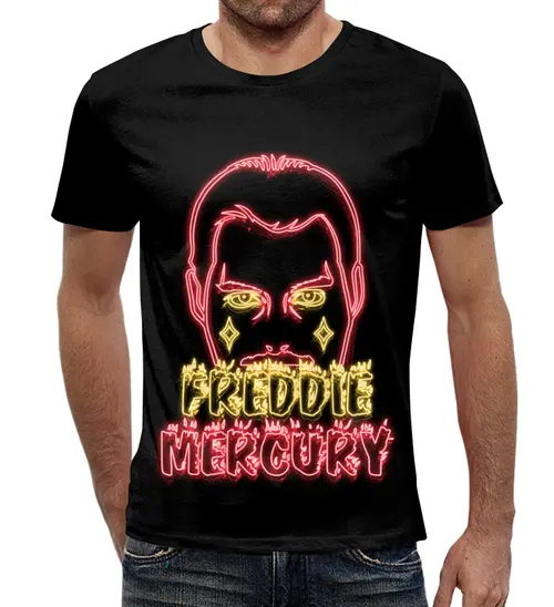 Заказать мужскую футболку в Москве. Футболка с полной запечаткой (мужская) Freddie Mercury. неон от ualluon - готовые дизайны и нанесение принтов.