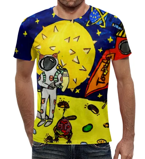 Заказать мужскую футболку в Москве. Футболка с полной запечаткой (мужская) Дети мечтают о космосе от Рисуя Добро - готовые дизайны и нанесение принтов.