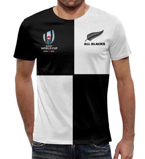 Заказать мужскую футболку в Москве. Футболка с полной запечаткой (мужская) Новая Зеландия регби - Кубок Мира 2019 от rugby - готовые дизайны и нанесение принтов.