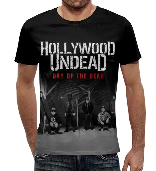 Заказать мужскую футболку в Москве. Футболка с полной запечаткой (мужская) Hollywood Undead - Day Of The Dead от inPrintio - готовые дизайны и нанесение принтов.