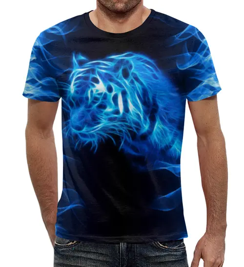 Заказать мужскую футболку в Москве. Футболка с полной запечаткой (мужская) Тигр в синем пламени от orca - готовые дизайны и нанесение принтов.