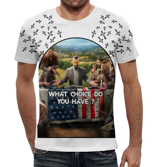 Заказать мужскую футболку в Москве. Футболка с полной запечаткой (мужская) FarCry 5 от BroBandAttack - готовые дизайны и нанесение принтов.