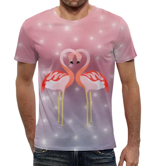Заказать мужскую футболку в Москве. Футболка с полной запечаткой (мужская) Влюбленные фламинго от Ordwen - готовые дизайны и нанесение принтов.