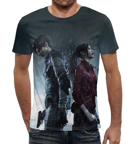 Заказать мужскую футболку в Москве. Футболка с полной запечаткой (мужская) Леон и Клер Resident Evil от Fix Print - готовые дизайны и нанесение принтов.