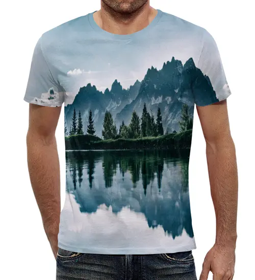 Заказать мужскую футболку в Москве. Футболка с полной запечаткой (мужская) Отражение гор от THE_NISE  - готовые дизайны и нанесение принтов.