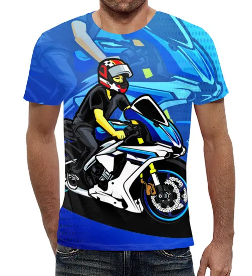 Заказать мужскую футболку в Москве. Футболка с полной запечаткой (мужская) Мотоциклист от ПРИНТЫ ПЕЧАТЬ  - готовые дизайны и нанесение принтов.