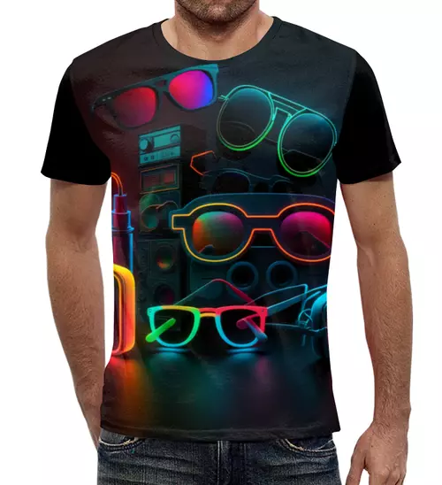 Заказать мужскую футболку в Москве. Футболка с полной запечаткой (мужская) Неоновые очки от vldaimirgrigorev@yandex.ru - готовые дизайны и нанесение принтов.