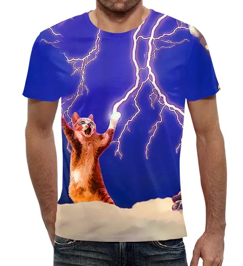 Заказать мужскую футболку в Москве. Футболка с полной запечаткой (мужская) Грозовой кот от T-shirt print  - готовые дизайны и нанесение принтов.