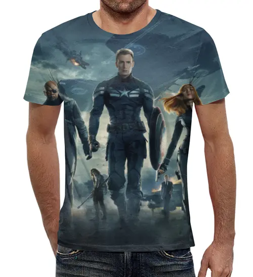 Заказать мужскую футболку в Москве. Футболка с полной запечаткой (мужская) Капитан Америка от skynatural - готовые дизайны и нанесение принтов.