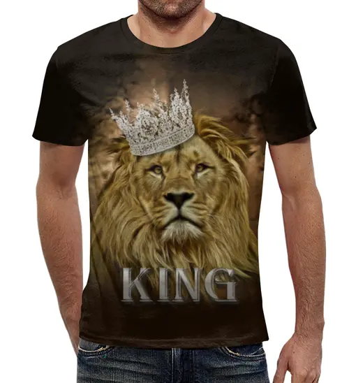 Заказать мужскую футболку в Москве. Футболка с полной запечаткой (мужская) Царь лев от weeert - готовые дизайны и нанесение принтов.