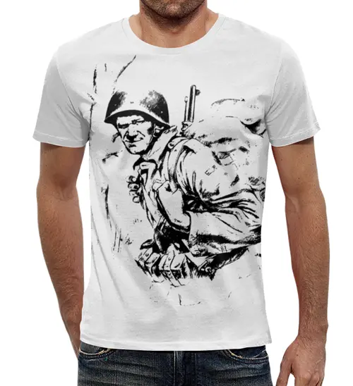 Заказать мужскую футболку в Москве. Футболка с полной запечаткой (мужская) солдат от Маверик - готовые дизайны и нанесение принтов.
