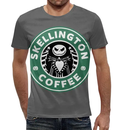 Заказать мужскую футболку в Москве. Футболка с полной запечаткой (мужская) Starbucks / Skellington coffee от Leichenwagen - готовые дизайны и нанесение принтов.