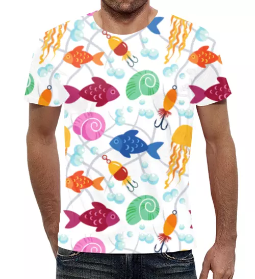 Заказать мужскую футболку в Москве. Футболка с полной запечаткой (мужская) Яркие рыбки от skynatural - готовые дизайны и нанесение принтов.
