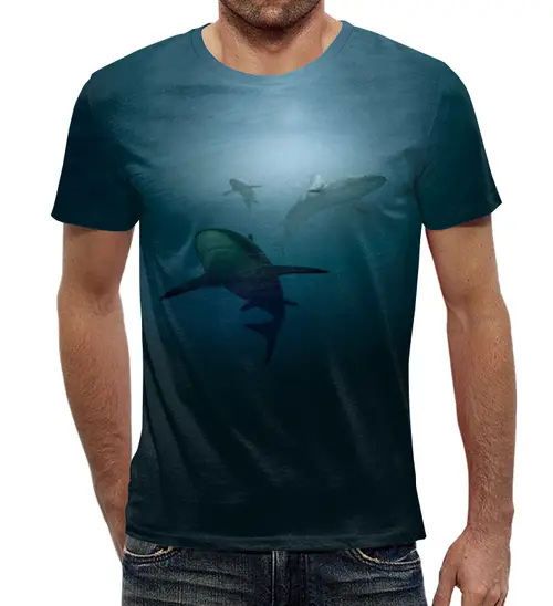 Заказать мужскую футболку в Москве. Футболка с полной запечаткой (мужская) Акула от weeert - готовые дизайны и нанесение принтов.