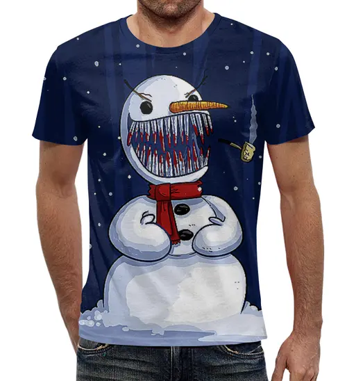 Заказать мужскую футболку в Москве. Футболка с полной запечаткой (мужская) Безумный снеговик от ПРИНТЫ ПЕЧАТЬ  - готовые дизайны и нанесение принтов.