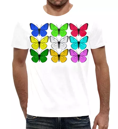 Заказать мужскую футболку в Москве. Футболка с полной запечаткой (мужская) Цветные бабочки от Alexey Evsyunin - готовые дизайны и нанесение принтов.