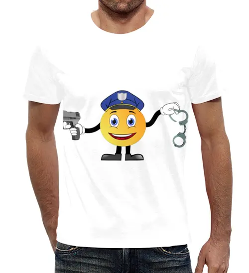 Заказать мужскую футболку в Москве. Футболка с полной запечаткой (мужская) Смайлик полицейский от Romario  - готовые дизайны и нанесение принтов.