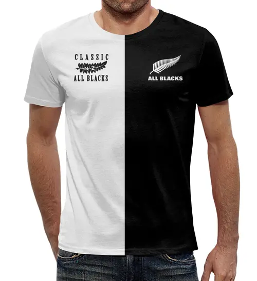 Заказать мужскую футболку в Москве. Футболка с полной запечаткой (мужская) All Blacks - две эпохи от rugby - готовые дизайны и нанесение принтов.