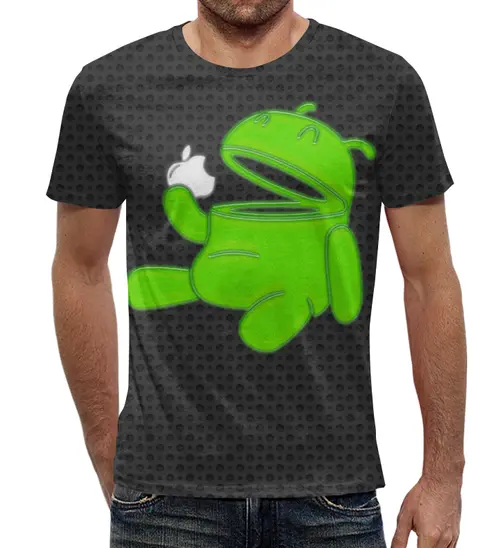 Заказать мужскую футболку в Москве. Футболка с полной запечаткой (мужская) Android Eats Apple от balden - готовые дизайны и нанесение принтов.