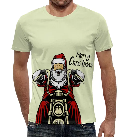 Заказать мужскую футболку в Москве. Футболка с полной запечаткой (мужская) Дед мороз на байке от denis01001 - готовые дизайны и нанесение принтов.