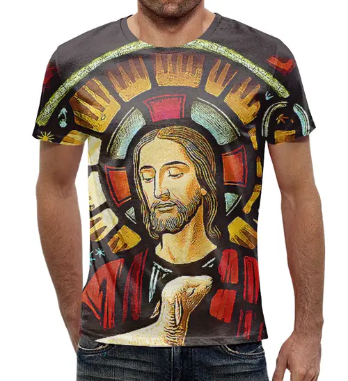Заказать мужскую футболку в Москве. Футболка с полной запечаткой (мужская) Иисус Христос от ПРИНТЫ ПЕЧАТЬ  - готовые дизайны и нанесение принтов.