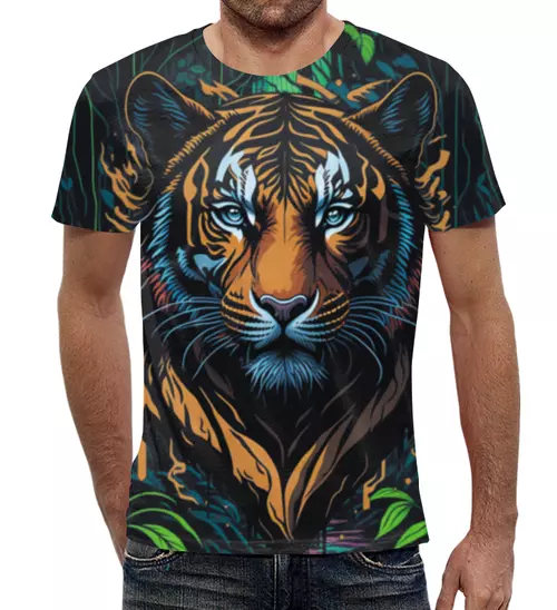 Заказать мужскую футболку в Москве. Футболка с полной запечаткой (мужская) Тигр в джунглях от ustinoff1@yandex.ru - готовые дизайны и нанесение принтов.