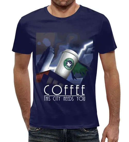 Заказать мужскую футболку в Москве. Футболка с полной запечаткой (мужская) Кофе сити  от ПРИНТЫ ПЕЧАТЬ  - готовые дизайны и нанесение принтов.