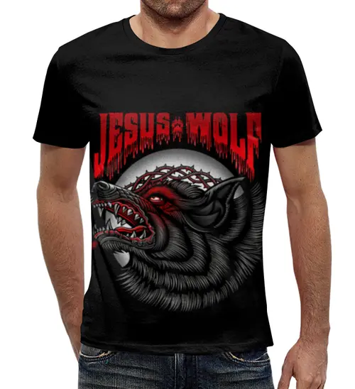 Заказать мужскую футболку в Москве. Футболка с полной запечаткой (мужская) Jesus wolf  от ПРИНТЫ ПЕЧАТЬ  - готовые дизайны и нанесение принтов.