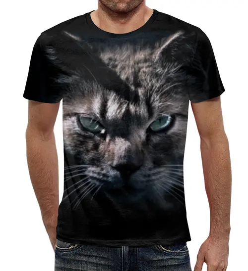 Заказать мужскую футболку в Москве. Футболка с полной запечаткой (мужская) Серый кот от weeert - готовые дизайны и нанесение принтов.