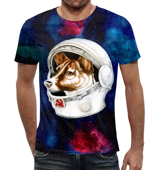 Заказать мужскую футболку в Москве. Футболка с полной запечаткой (мужская) Собака в космосе от T-shirt print  - готовые дизайны и нанесение принтов.