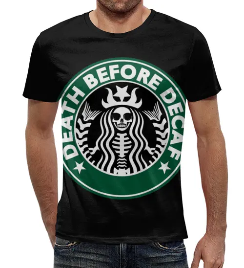 Заказать мужскую футболку в Москве. Футболка с полной запечаткой (мужская) Starbucks / Death Before Decaf от Leichenwagen - готовые дизайны и нанесение принтов.