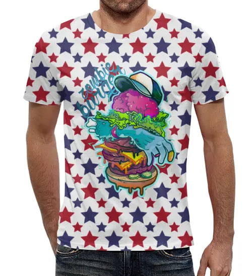 Заказать мужскую футболку в Москве. Футболка с полной запечаткой (мужская) Zombie Burger от Jimmy Flash - готовые дизайны и нанесение принтов.