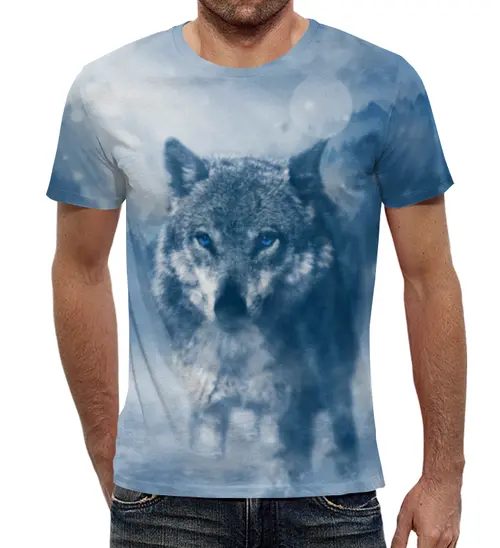 Заказать мужскую футболку в Москве. Футболка с полной запечаткой (мужская) Волк с голубыми глазами от weeert - готовые дизайны и нанесение принтов.