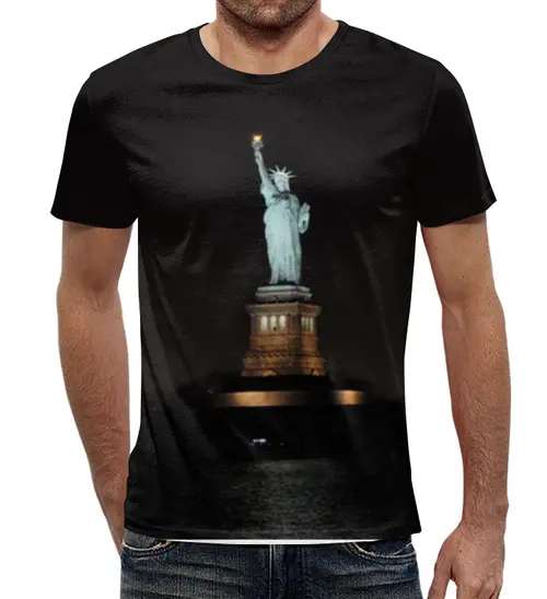 Заказать мужскую футболку в Москве. Футболка с полной запечаткой (мужская) Статуя Свободы Ночью от Nalivaev - готовые дизайны и нанесение принтов.