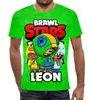 Заказать мужскую футболку в Москве. Футболка с полной запечаткой (мужская) BRAWL STARS LEON от geekbox - готовые дизайны и нанесение принтов.