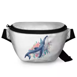 Заказать сумку в Москве. Поясная сумка 3D Синий кит с цветами от tigerda  - готовые дизайны и нанесение принтов.