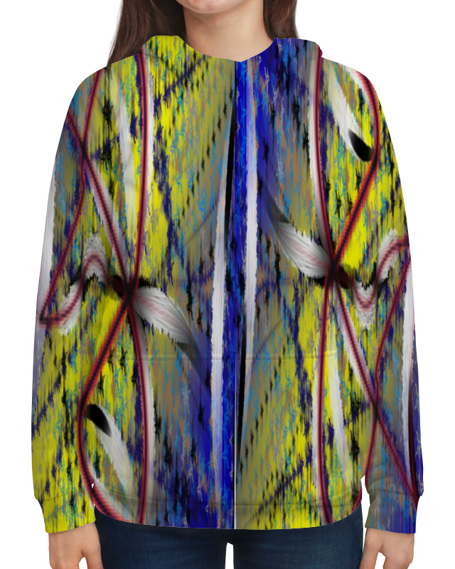 Толстовка с полной запечаткой — пол: ЖЕН. На принте интересная абстрактная фигура, которая представляет собой сочетание различных линий.