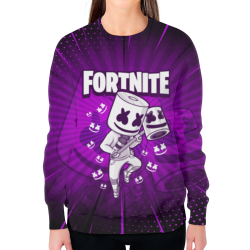 Заказать свитшот в Москве. Свитшот женский с полной запечаткой MARSHMELLO FORTNITE от geekbox - готовые дизайны и нанесение принтов.