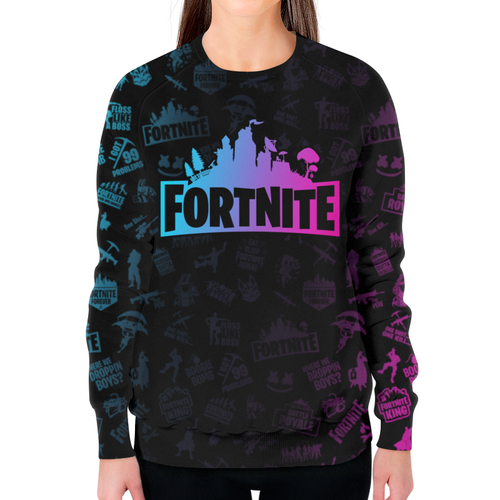 Заказать свитшот в Москве. Свитшот женский с полной запечаткой FORTNITE от geekbox - готовые дизайны и нанесение принтов.