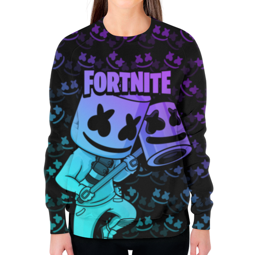 Заказать свитшот в Москве. Свитшот женский с полной запечаткой Fortnite, Marshmello от geekbox - готовые дизайны и нанесение принтов.