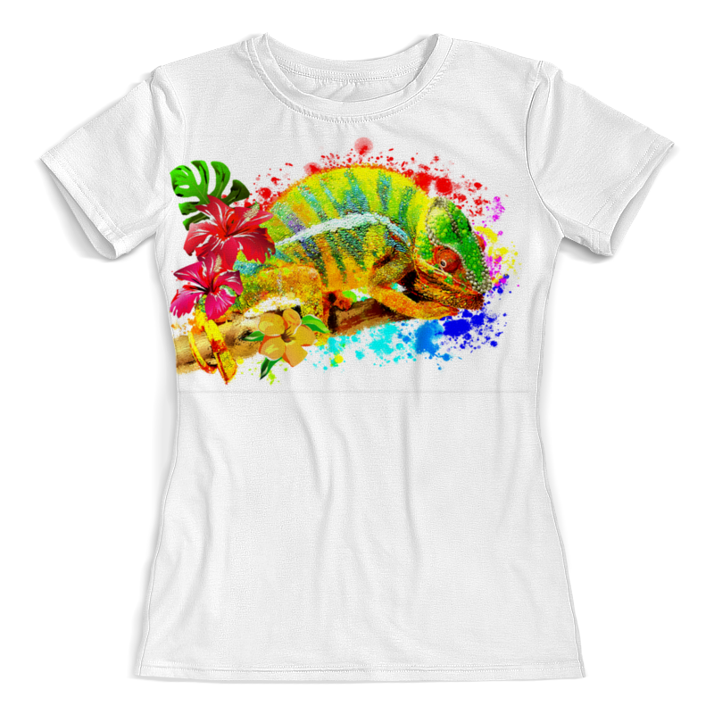 Printio Футболка с полной запечаткой (женская) Хамелеон с цветами в пятнах краски. printio футболка с полной запечаткой для девочек хамелеон с цветами в пятнах краски