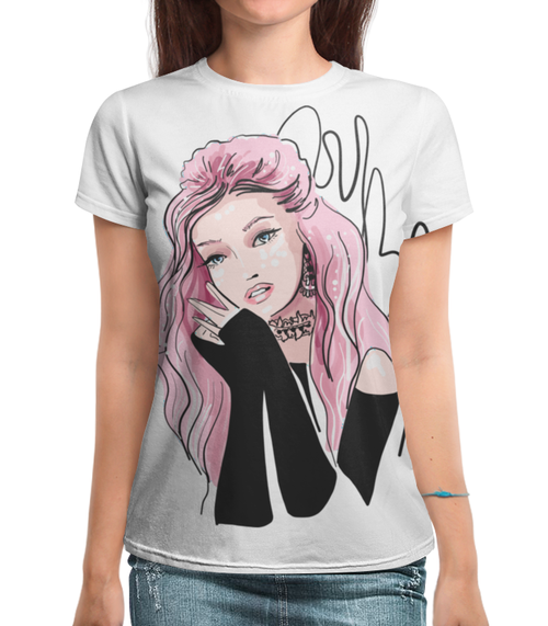 Футболка с полной запечаткой (женская) Модная девушка, розовые волосы. Фэшн иллюстрация #2751875 в Москве, цена 1 390 руб.: купить женскую футболку с принтом от eszadesign в интернет-магазине